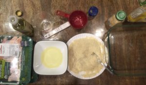 how to set up the breading station, chicken, avocado oil, almond flour, 13x9 baking dish
